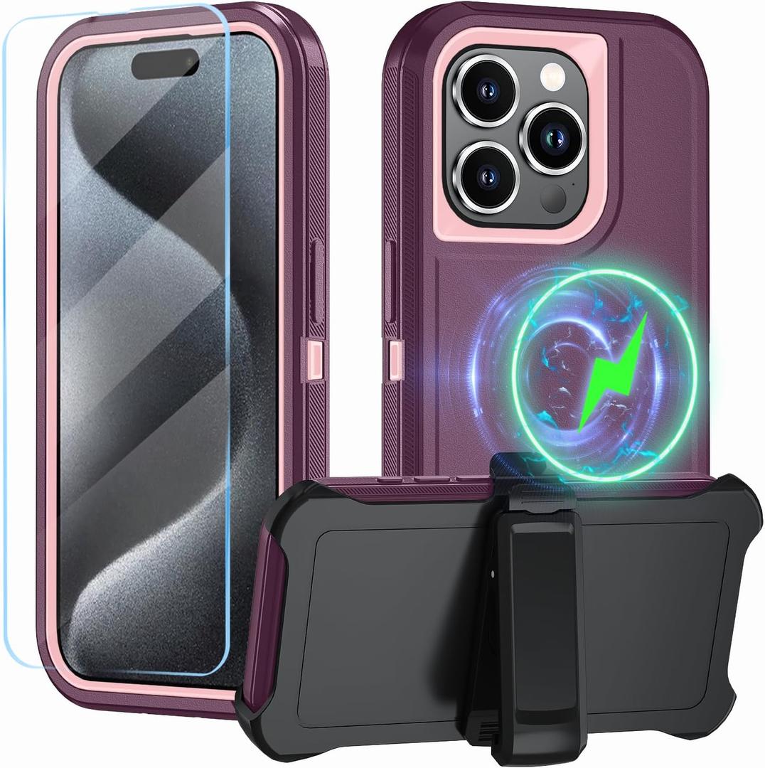 Magnetic for iPhone 15 Pro Case,with Belt Clip,[Compatible with Magsafe] W/Tempered Glass Screen Protector,Anti-Drop,Shockproof,Heavy Duty Protection (Wine red)