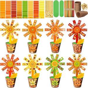 48 Pack Thanksgiving Flower Pot Paper Craft Kits DIY Thank Autumn Maple Leaf Pumpkin Acorn Decor Make Your Own Flowers Craft with Sticker for Thanksgiving Education Harvest Holiday