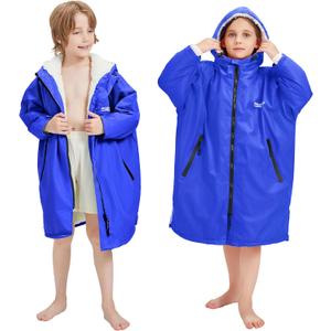 Kids Swim Parka, Waterproof Swimming Jacket, Hooded Surf Changing Robe, Warm Winter Swim Coat (Medium, Navy)