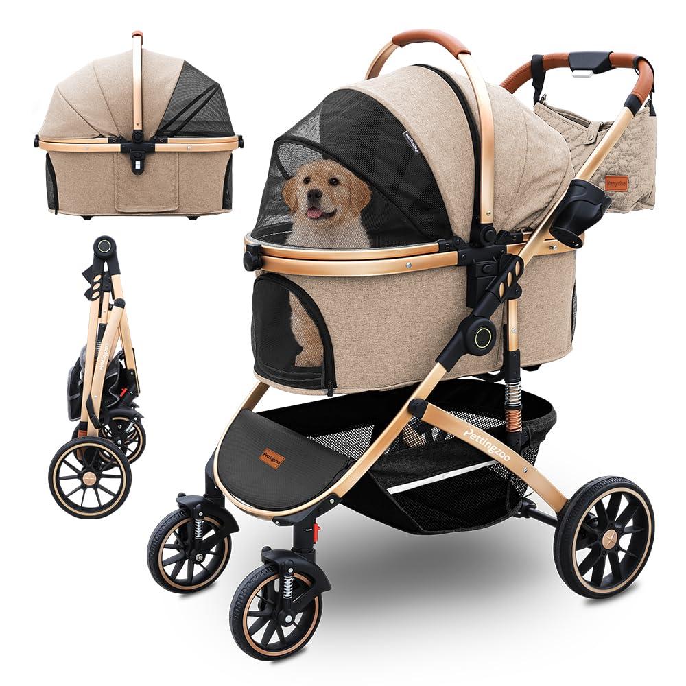 Dog stroller with 4 Wheels, Folding Cat Stroller for Small/Medium/Large dogs & cats to 60 lbs, pet stroller with removable carrier, Storage Basket,Cup Holder,3 in1 Multifunctiona Detachable (Khaki)