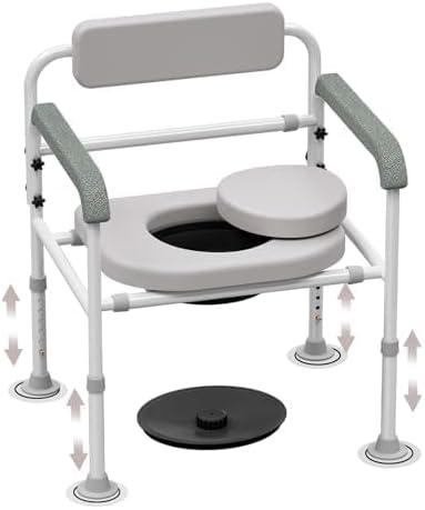 Adjustable Medical Bedside Commode Chair with Padded Backrest, Drop Arm Support, Height Adjustable