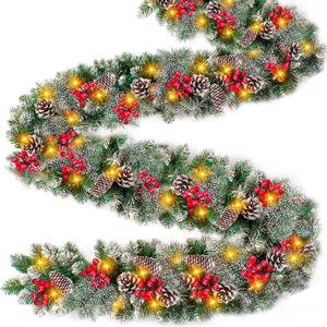 9 Ft Prelit Christmas Garland with Lights 8 Modes Timer 270 Branch's Cedar Snowy Bristle 70 Berry 10 Pinecone Waterproof Battery Operated Christmas Decoration Indoor Outdoor Holiday Decor Mantle Stairs