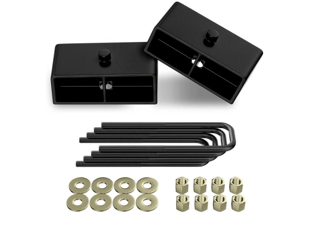 " Rear Leveling Lift Kit Blocks, Extended Square U-Bolts Black Leveling Kit for 1999-2024 Silverado Sierra 1500