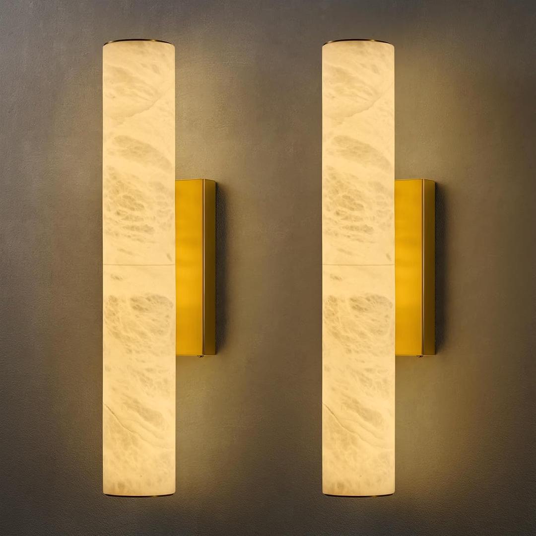 Natural Alabaster Brass Wall Sconce: Set of 2 Marble Stone Vanity Sconces | Modern Luxury Spanish Brushed Gold Indoor Lighting Fixture with Dimmable LED Strip Light for Bathroom Hallway Bedroom, 2 Pack