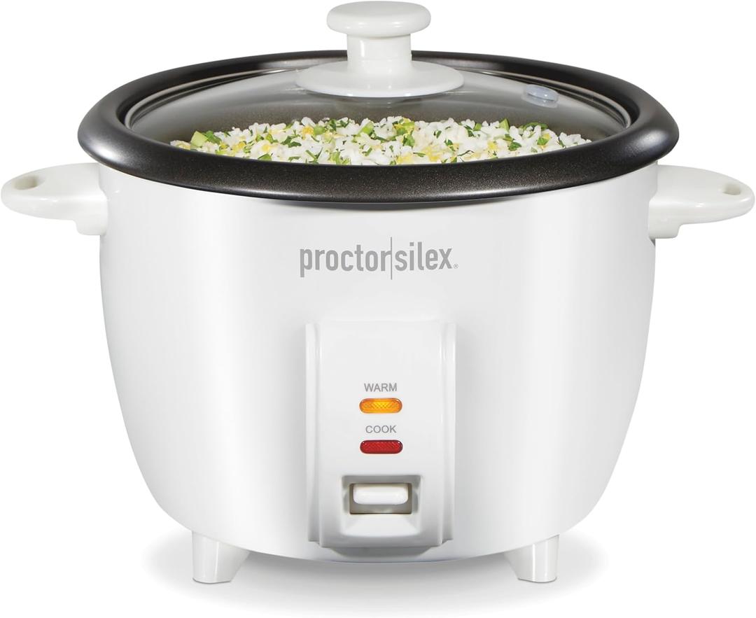 Proctor Silex Rice Cooker & Food Steamer, 10 Cups Cooked (5 Cups Uncooked), Includes Steam and Rinsing Basket, White (37533G)