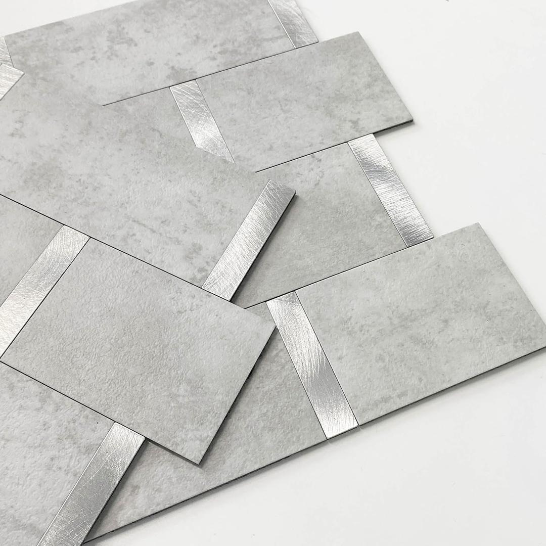 Matte Kitchen Subway Tile Peel and Stick Backsplash Self-Adhesive Bathroom Wall Tiles Waterproof 3D Metal and Marble Mosaic Panels Heat Resistant Fireplace(Cement Grey 10Tiles)