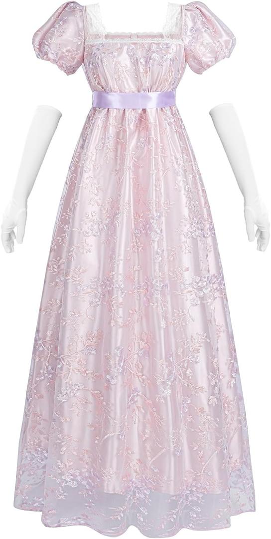 LTAKK Regency Dress Women Regency Costume Empire Waist Tea Party Embroidery Victorian Gown with Sash and Gloves (Medium, Lilac)