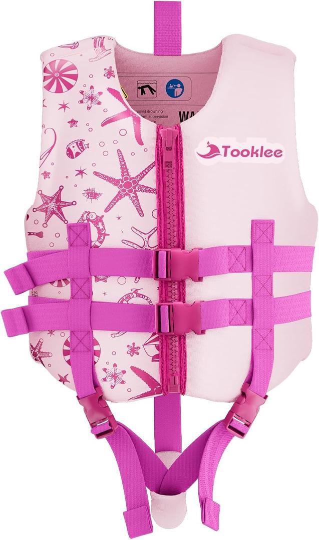 Tooklee Kids Swim Vest for 1-2-3-5-7-9 Years Old, Toddler Swim Vest 20-30-50-90 lbs for Boys & Girls, Kids Floaties Buoyancy Jacket for Pool & Beach, Soft Neoprene Comfort Dual Strap Vest, Pink, L