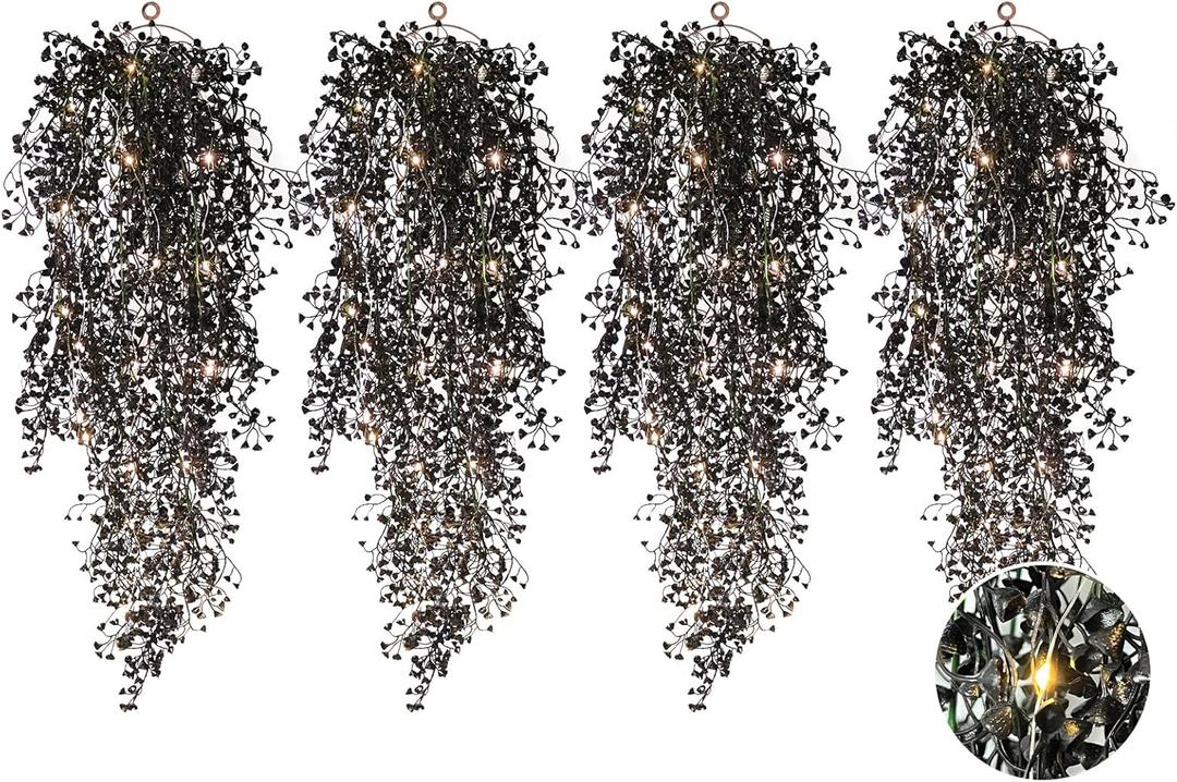RECUTMS 2.5ft Artificial Hanging Plant with 30LED Lights Ferns Artificial Plants Large Faux Greenery Ivy 4pcs for Home Living Room House Wall Window Porch Office Wedding Decor (Black)