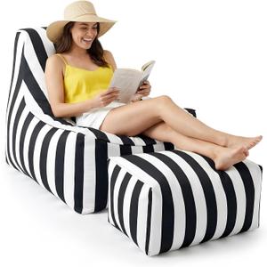 Briwooody Boat Bean Bag Chair Lounger with Ottoman Set, Waterproof Outdoor Marine Beanbag Chair for Adults Comfy Lazy Sofa Lounge Seating for Home Balcony Camping (Black, White Stripes)