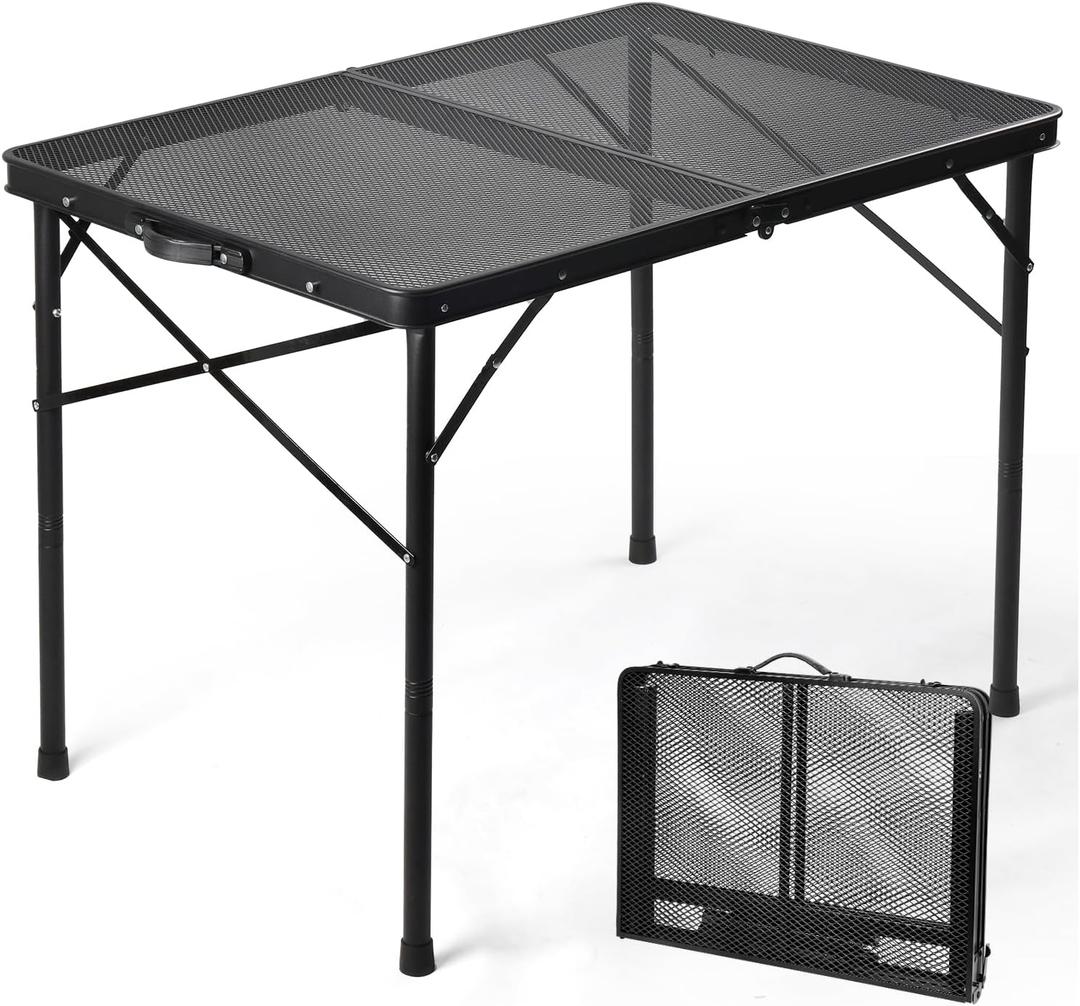 3ft Folding Table with Adjustable Height, Camping Table with Carry Handle, Metal Mesh Table ,Portable Grill Table for Camping, Tailgating, BBQ, Picnic & Indoor, Fits 36 People, Supports 66lb, Black