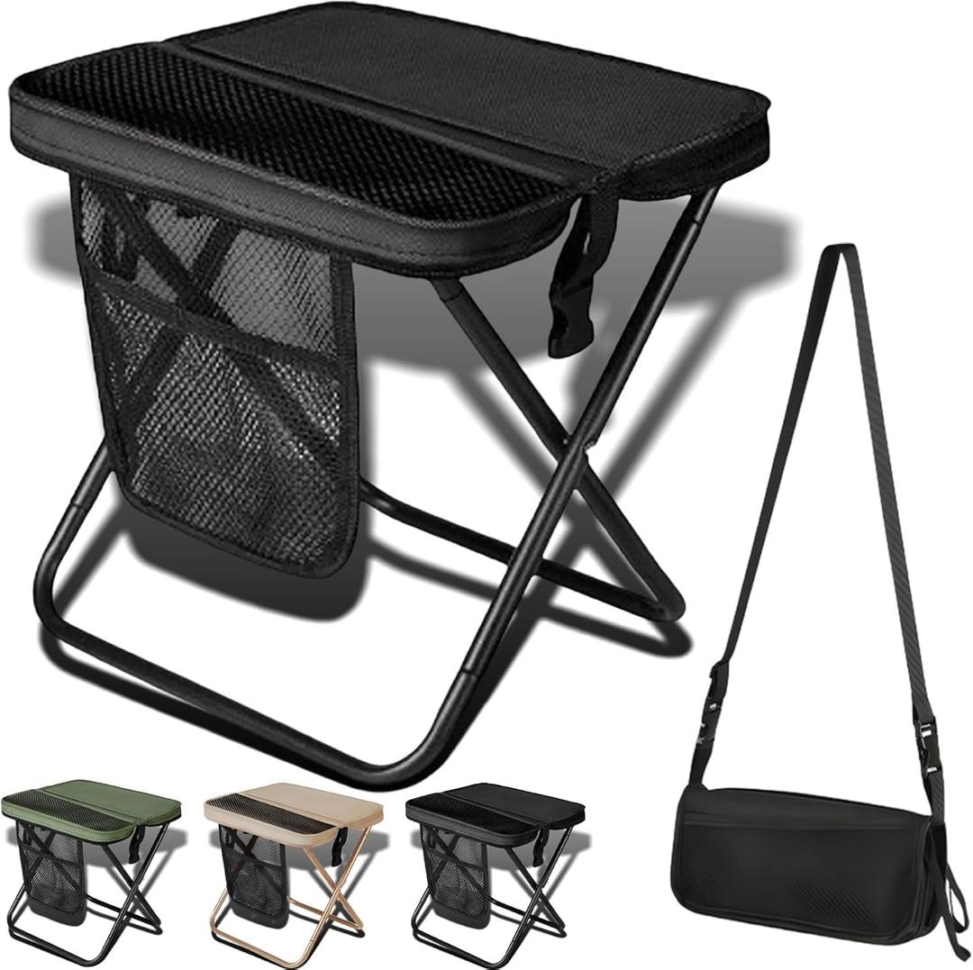 Foldable Backpack Stool for Adults - Portable Camping Stool with Sling Bag, 300lbs Capacity for Camping, Fishing, Hiking, Travel, Picnic (Black)