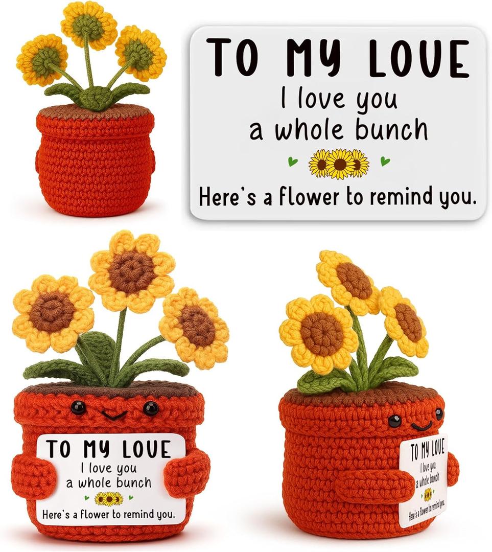 Crochet Sunflower with Love Quote, Handmade Cute Plant Gift for Girlfriend Boyfriend, Romantic Anniversary Present for Wife Husband, Valentine's Day Decoration, Couple Desk Decor