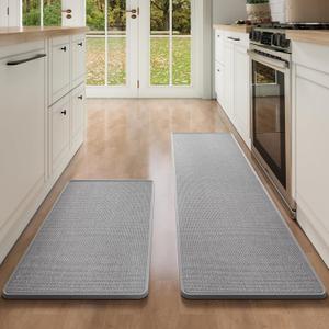 Kitchen Mat Kitchen Rugs Sets of 2 PCS Non Slip Washable, Linen-Like 0.3" Thick Cushioned Absorbent Kitchen Mats for Floor, Mild Anti-Fatigue Sink Laundry Standing Mat, Gray 17"x30"+17"x59"