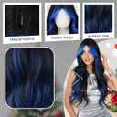 7JHH WIGS 31in Natural Black Blue Highlight Long Wavy Wigs with Curtain Bangs Natural Heat Resistant Synthetic Fiber Midlle Part Women Curly Ombre Wigs for Chrismas Party Daily Used