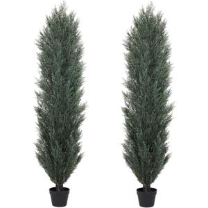 THE BLOOM TIMES 6ft Topiary Trees Artificial Outdoor  UV Resistant Faux Cedar Pine Cypress Bushes and Shrubs, Fake Potted Plants for Front Porch Outside Planter Patio Decor, Set of 2 (6 Foot) (Dark Green)