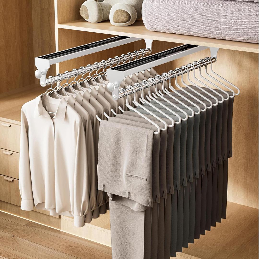 2 Pack Pull Out Closet Rod, 15.7inch Heavy Duty Pants Rack, Adjustable Clothes Hanger Rail, Space Aluminum Valet Rod, Top Mounted Wardrobe Clothes Organizer, Closet Storage for Trousers Coats White