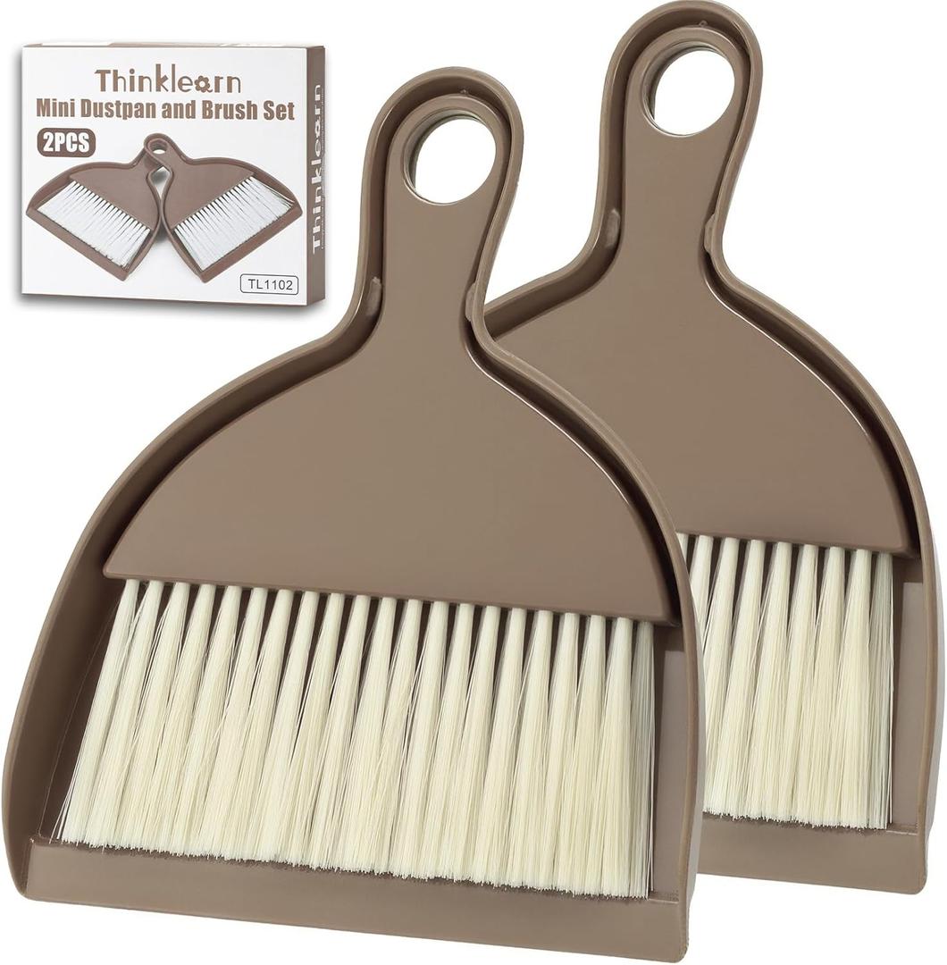 THINKLEARN 2PCS Small Broom and Dustpan Set, Mini Dust Pan and Brush, Hand Whisk for Pets, Kids, Desk, Home, Camping, Brown Cleaning Supplies