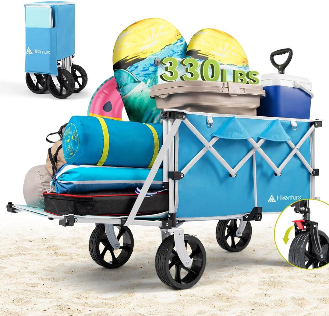 Hikenture Beach Wagon with Big Wheels for Sand, 47.5" Extra Long Collapsible Wagon with Tailgate, 330lbs Capacity Wagons Carts Foldable, Heavy Duty Folding Wagons Cart (Blue)