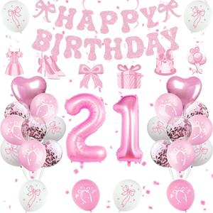 21st Birthday Decorations for Women, Pink Bow Coquette 21 Birthday Balloons Set,33 Pieces, Includes Banner, Hanging Swirls, Balloons, Perfect for Women's Party