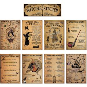 Funrous 9 Pieces Witchcraft Knowledge Poster Set Halloween Witches Poster Wall Decor Vintage Witches Kitchen Witchery Theme Party Supplies for Retro Rustic Home Bar Cafe Store Party Decoration
