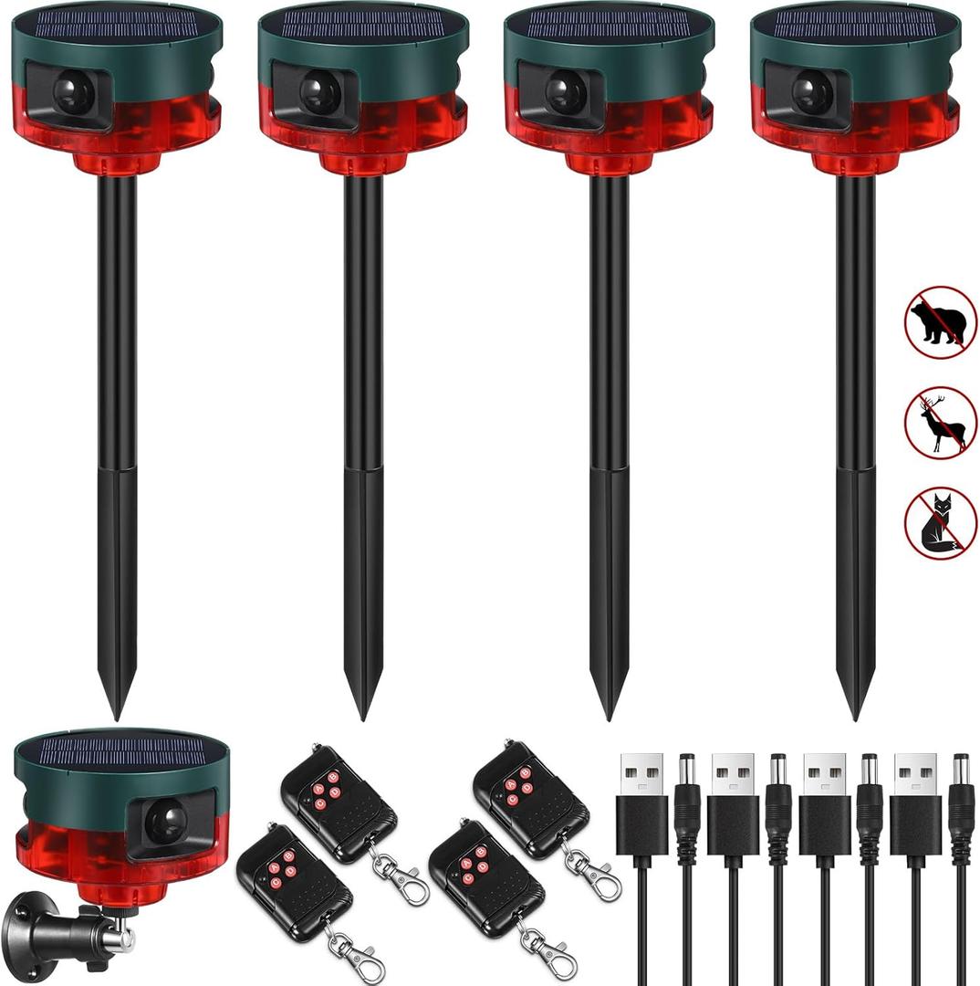 Qualirey 2 Pack Solar Outdoor Motion Sensor Alarm-Dog Barking&Gunshot Sound Support Recording Animal Deterrent for Home Security, 13 Kinds of Sounds (Red)