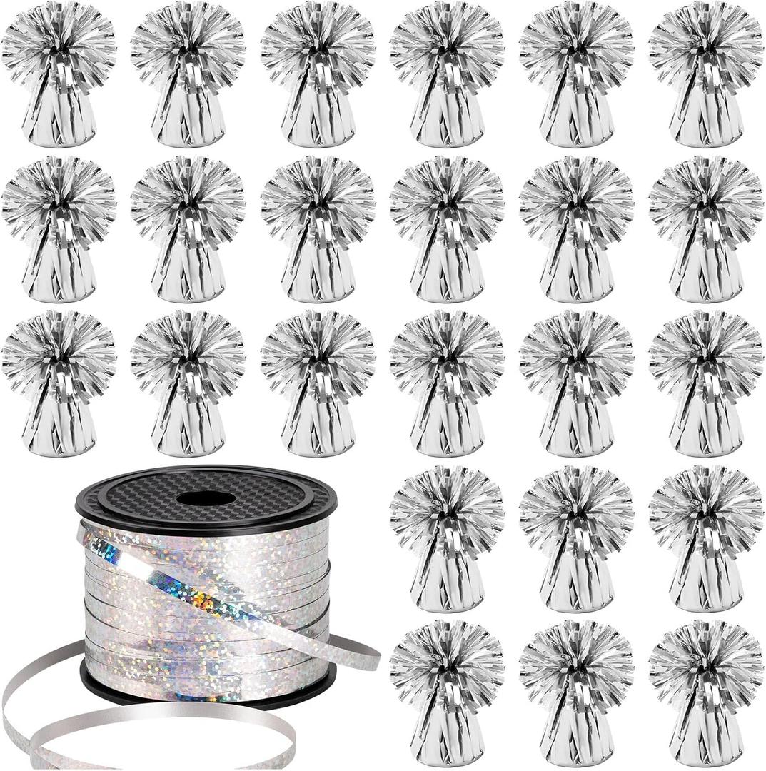 24 PCS Balloon Weights Metallic Anchor, Balloon Holder Heavy Weights with and 1 Roll Iridescent Crimped Ribbon for Balloons Table Party Favor Birthday Decor(Silver)