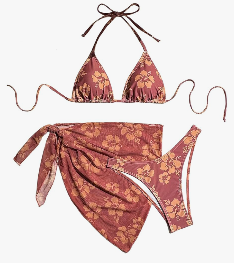 Milumia Women's 3 Piece Swimsuits Floral Print Halter Bikini Set with Cover Ups Size M