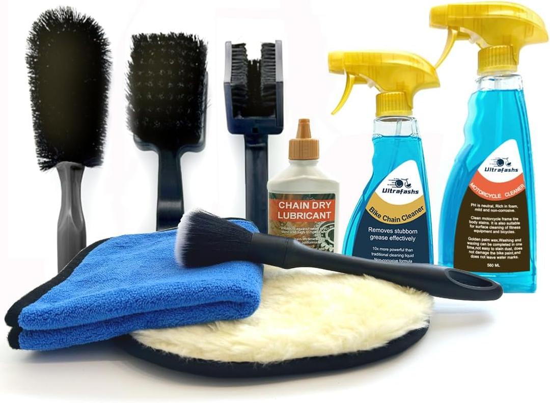 Motorcycle Dirtbike Wash Kit - Premium Cleaning and Detailing Set for Mudguard,Rims and Paint.Includes Motorcycle Cleaner(560ML),Chain Clean(300ML) Dry Lubricant(120ML)