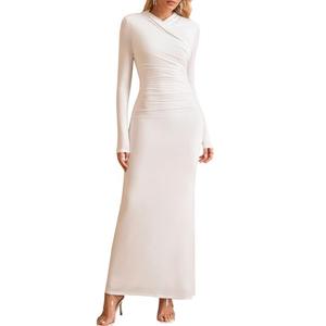 KUTUMAI Long Sleeve Formal Wedding Guest Dresses for Women Fall Modest V Neck Bodycon Maxi Cocktail Party Dress White S