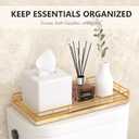 Toilet Paper Basket Organizer Oak Wood Toilet Tank Tray with Metal Frame, Bathroom Counter Top Storage for Toilet Paper, Wipes & Decor, Modern Narrow Back of Tank Shelf Organizer, Gold & Nature Oak