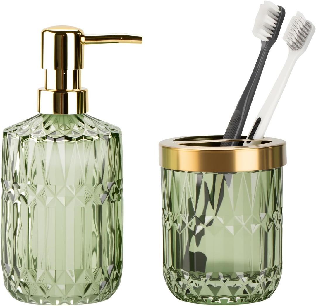Glass Bathroom Accessories Set, 2PCS Clear Glass Bathroom Accessory, Toothbrush Holder and Soap Dispenser Set for Modern Bathroom Decor(Green)