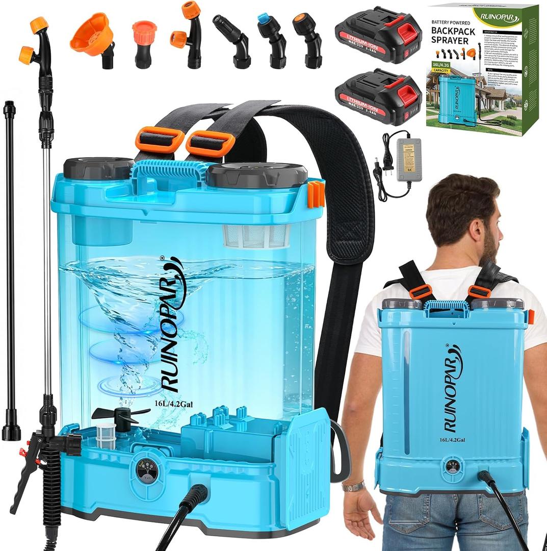 4 Gallon Battery Powered Backpack Sprayer with Auto-Mixing, for Makita 18V Battery, Dual 21V 2.6Ah Battery, 2 Spray Wands (Stainless & Fiberglass), 100 PSI Garden Sprayer for Lawn Care