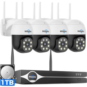 Hiseeu 4K Security Cameras Wireless Outdoor, 8MP 4-Cam Kit, 5G & 2.4G WiFi Cameras System for Home Security, Auto Tracking, Pan Tilt, Color Night Vision, Two-Way Audio, 16CH NVR, 1TB, No Subscription
