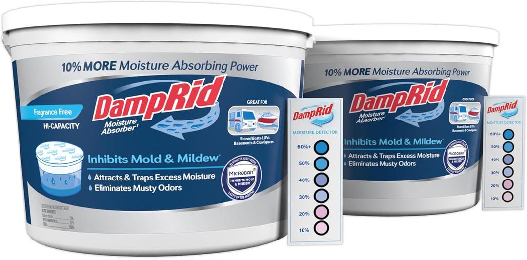 DampRid Hi-Capacity Moisture Absorber Bucket, Fragrance Free, 2 lb. 15.5 oz. & Moisture Detection Strip (1 Pack), Attracts & Traps Excess Moisture