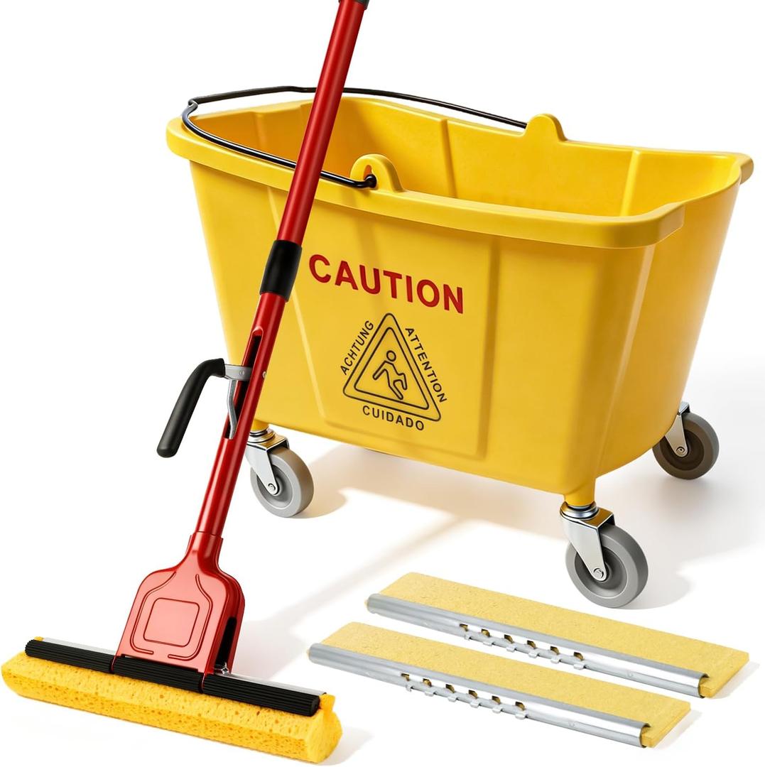 Commercial Sponge Mop and Bucket Set with Wheels for Floor Cleaning
