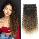 Clip in Hair Extensions, FLUFYMOOZ 4PC 100 Pure Protein Silk Hair Extensions Long Soft Natural Hairpiece 20 Inch Curly Hair Extension for Women (Dark Brown to Medium Brown Light Roots)