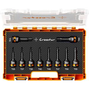 Crosstar 10-Piece Impact Torx Bit Socket Set(T25~T70), 1/2" Drive Cr-Mo Steel, Long High Impact Star Sockets for Automotive & Heavy-Duty Use, Professional Mechanic Tools with Transparent Case (Full Size)