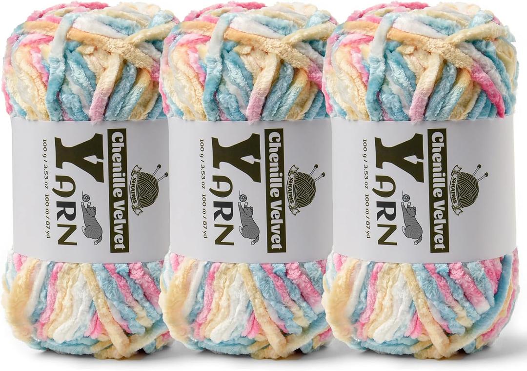 3 Pack Plush Chenille Chunky Yarn - Fluffy Velvet Yarn Crochet for Blanket Knitting and Crocheting - Soft Baby Yarns for Crocheting - Amigurumi Crochet Yarns 100g (87yds) (3 Candy Color)