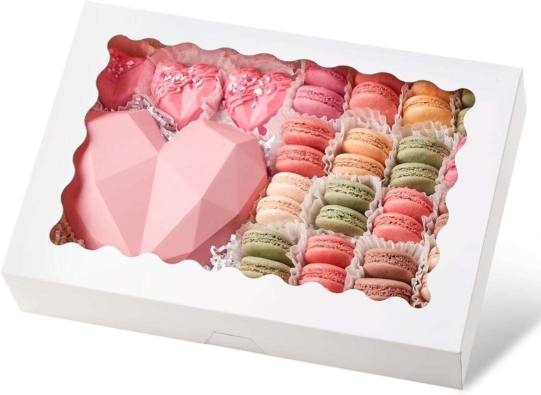 Ocmoiy 20 Pack Cookie Boxes, 14x10x2.5 Inch Large Bakery Boxes with Window, Auto-Popup Treat Box for Chocolate Covered Strawberries, Pies, Donuts, Muffins, Breakable Heart, White