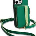 LAMEEKU for iPhone 15 Pro Max Wallet Case, Zipper Leather Card Slots Crossbody Case with Phone Grip Holder Stand Wrist Strap Lanyard for Women for iPhone 15 Pro Max 6.7 inch Dark Green