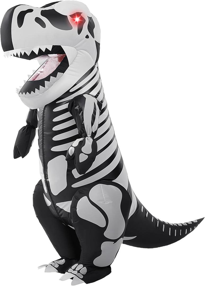 Spooktacular Creations Kids Skeleton Dinosaur Inflatable Costume, LED Light Eyes Skeleton Dinosaur Costume, Full Body T-Rex Blow Up for Halloween Dress Up Parties