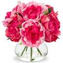 Hollyone Peonies Artificial Flowers with Vase Hot Pink Faux Flowers Peony Fake Flowers Silk Flower Arrangements in Glass Vase with Faux Water for Home Decor Bathroom Table Centerpiece Decorations