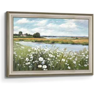 Lake Canvas Wall Art Framed: Flower Landscape Painting Picture Artwork Hand Painted Nature Scenery Print Decor for Living Room Bedroom Home Decoration (45L" x 30W")