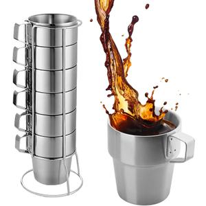Yummy Sam Stackable Camping Coffee Cups with Handle,Insulated Stainless Steel 300ml 10oz Double Wall Coffee Mugs with Rack,Summer Espresso Tea Water Cups for Outdoor Home Office Kitchen 6Pack(Silver)