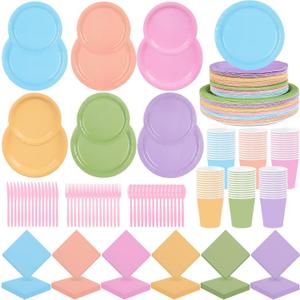 192PCS Pastel Party Supplies Set Rainbow Tableware Bulk Include Paper Plates Cups Napkins Colorful Mix Color Disposable Dinnerware Decorations for Baby Shower Graduation Carnival Wedding