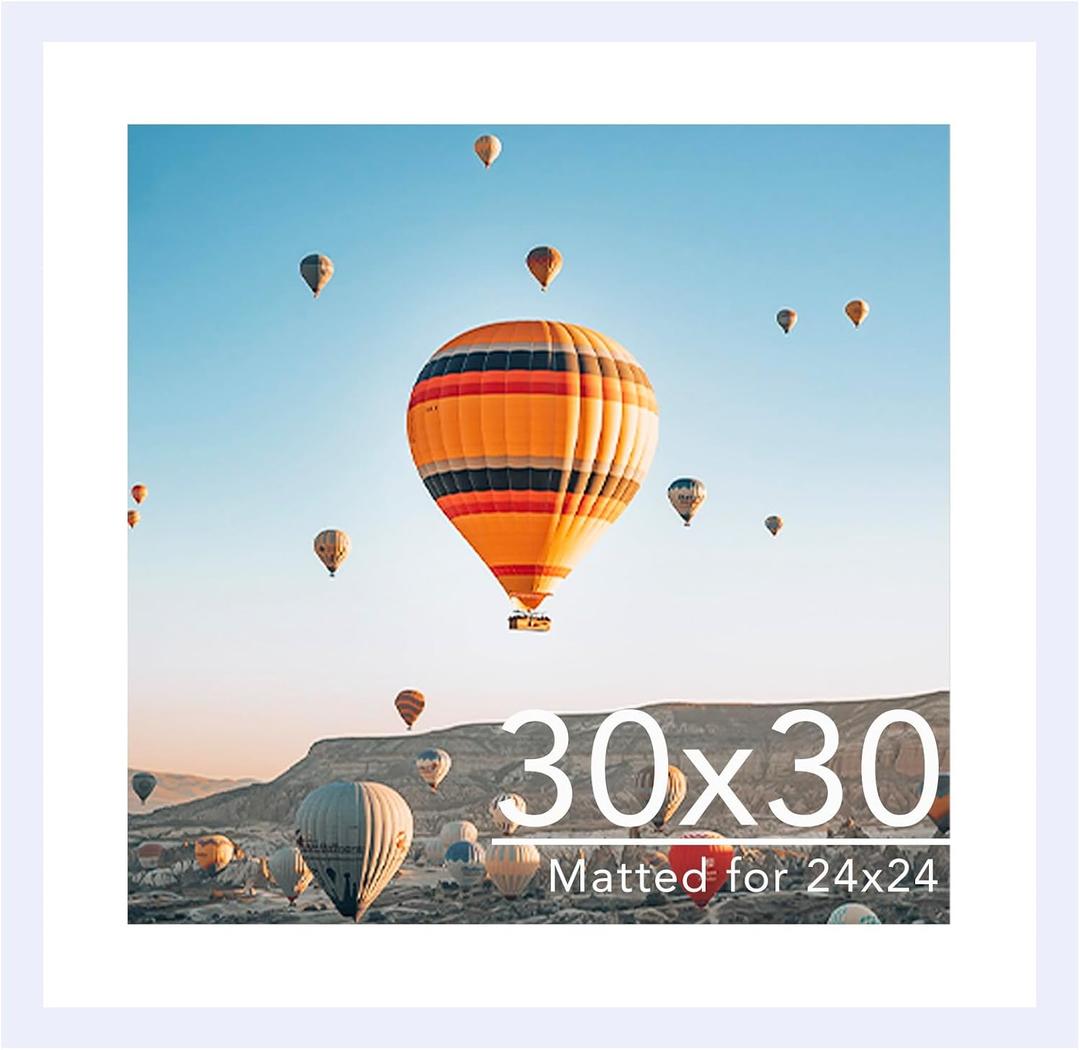 JCJMY 30x30 Picture Frame White with 24x24 Mat, Display Photo 24x24 with Mat or 30 x 30 Without Mat, Wall Hanging Large 30x30 Poster Frame with Shatter Resistant Plexiglass, White