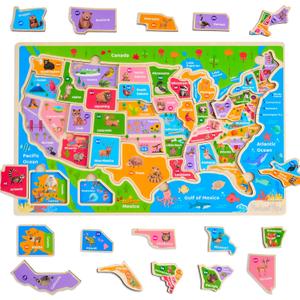 Montessori Mama USA Map Wooden Puzzle, Puzzles for Kids Ages 4-6 Educational Toys for 4 Year Old Kids Puzzles Ages 5-8 Landmarks, Animals, Capitols and States