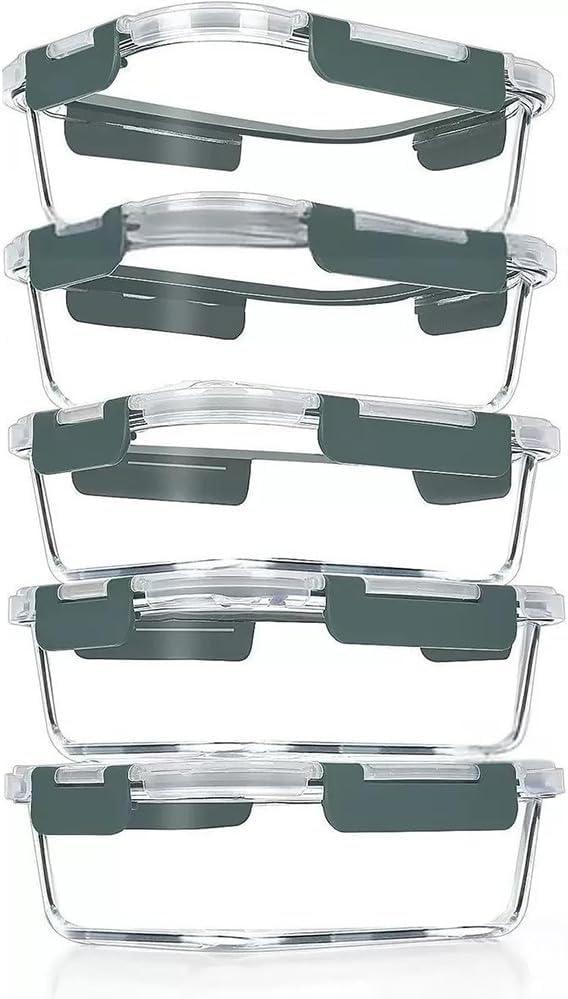 5 Pack 37oz Large Glass Food Storage Containers with Lids, Lunch Meal Prep Containers Boxes with Leak Proof Lids for Oven Freezer Microwave, Dishwasher Safe