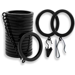 BlastHome Luxury Curtain Rings  Premium Metal with Quiet, Smooth Nylon Inserts  Pinhooks and Clips Included  1 1/2" Inside Diameter  18 Rings for Two Standard Curtains  Tuxedo Black
